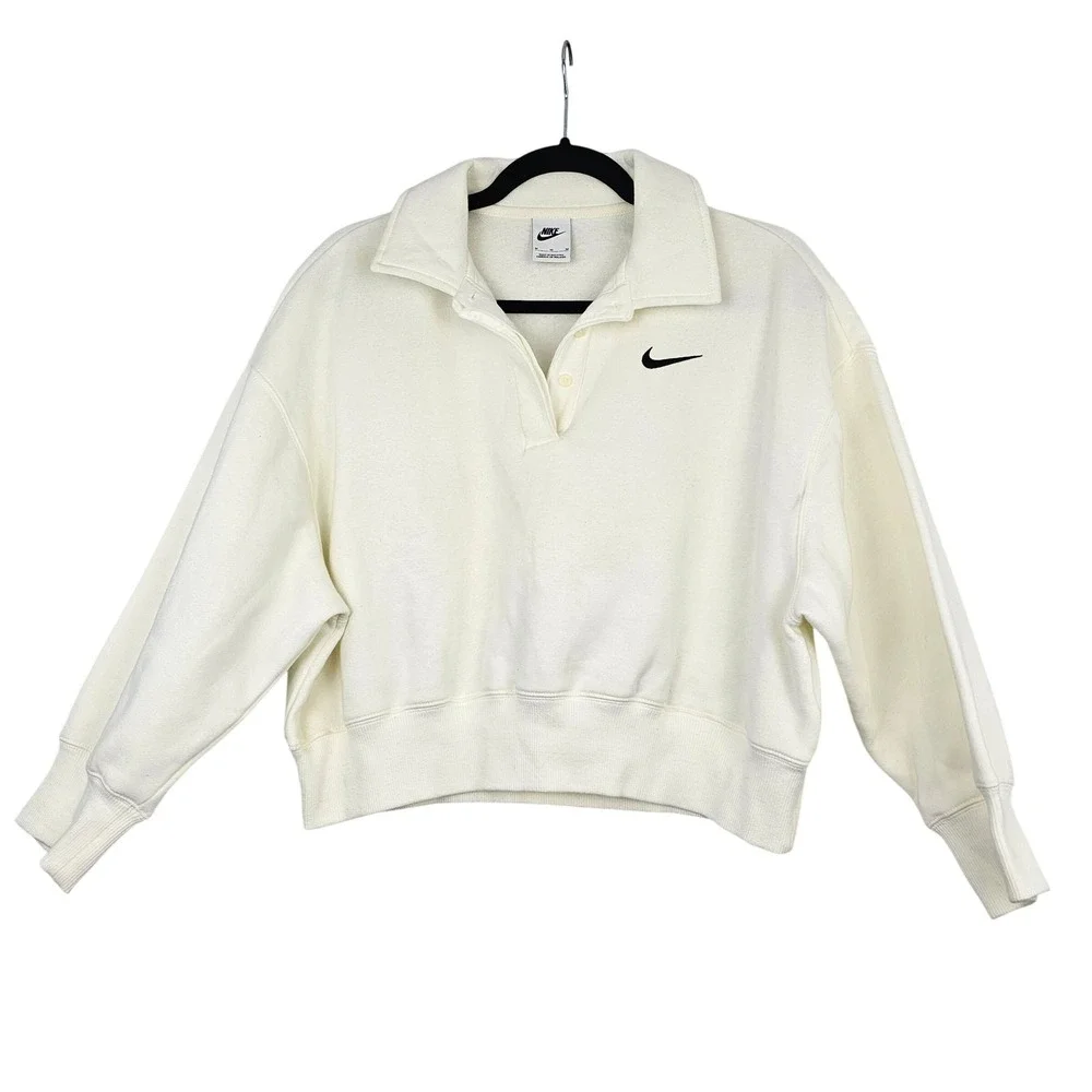 Nike Women's Phoenix Fleece Polo Sweatshirt Sail White Cropped Oversized Medium‎